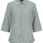 Green and white checkered womens blouse with a collared neckline and three-quarter sleeves. It features a button-up front and a tailored fit.