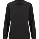 A long-sleeved black button-up shirt with a classic collar. The shirt is neatly displayed against a plain white background, highlighting its clean and simple design.