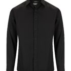 A plain black long-sleeve dress shirt with a collar and button-down front, displayed on a white background.