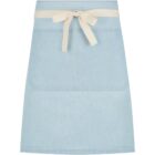 Light blue denim waist apron with a large front pocket and a beige fabric tie at the waist, set against a plain white background.