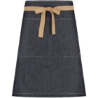 A waist apron made of dark denim with beige stitching and details. It features a beige tie belt at the waist and two front pockets. The apron has a simple and functional design.
