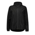 A black hooded windbreaker jacket with a front zipper, long sleeves, and two side pockets, displayed on a plain white background.