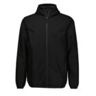 A black zip-up hooded jacket displayed on a plain white background. The jacket has long sleeves and a relaxed fit, with a zipper running down the front.