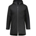 A black hooded raincoat with a front zipper. The coat has long sleeves and a straight cut, extending to mid-thigh length. Its designed for wet weather protection and is displayed on a plain white background.