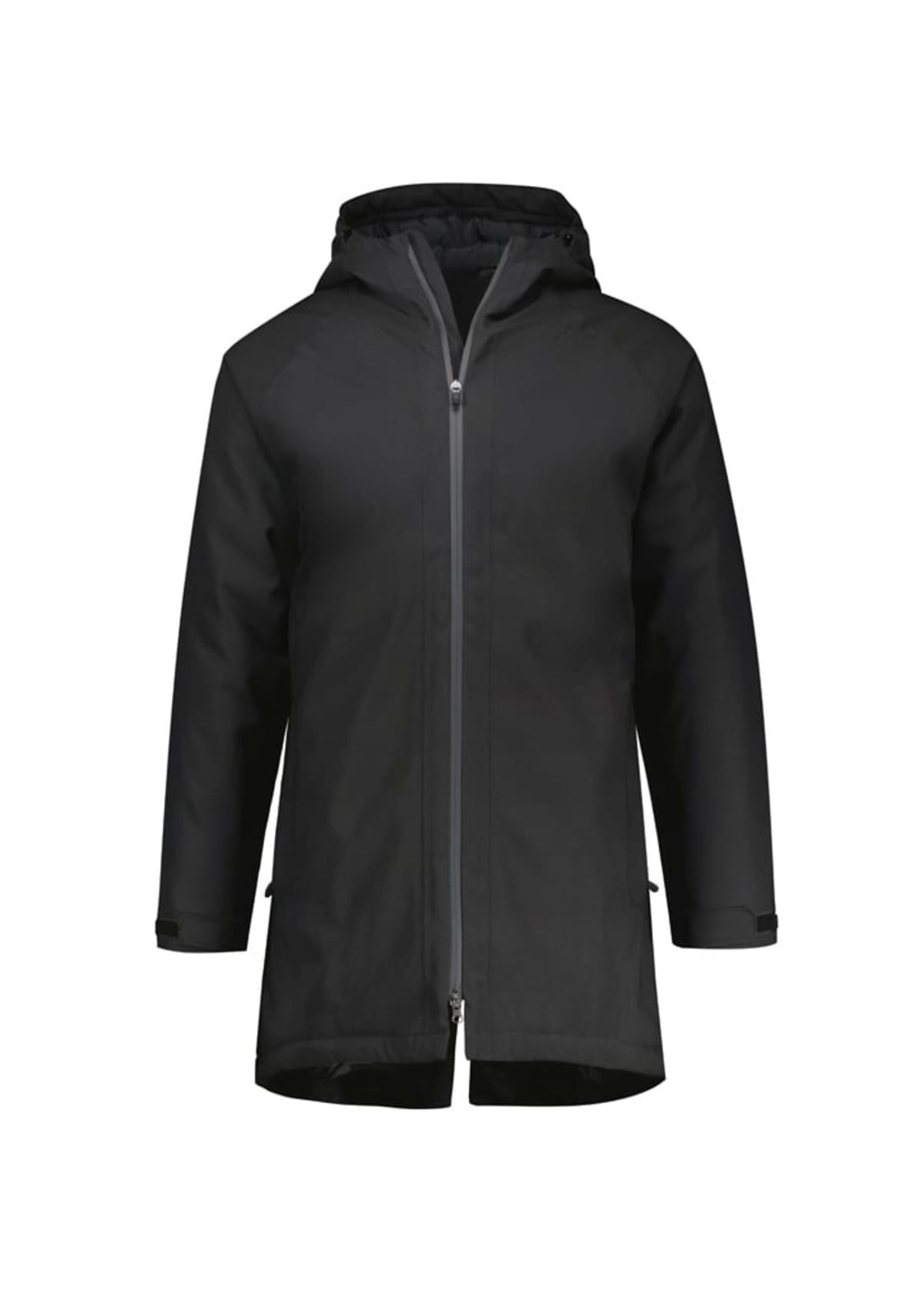 A black hooded raincoat with a front zipper. The coat has long sleeves and a straight cut, extending to mid-thigh length. Its designed for wet weather protection and is displayed on a plain white background.