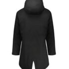 The image shows the back view of a black hooded winter coat with long sleeves. The coat features a visible seam down the center and a small slit at the bottom.