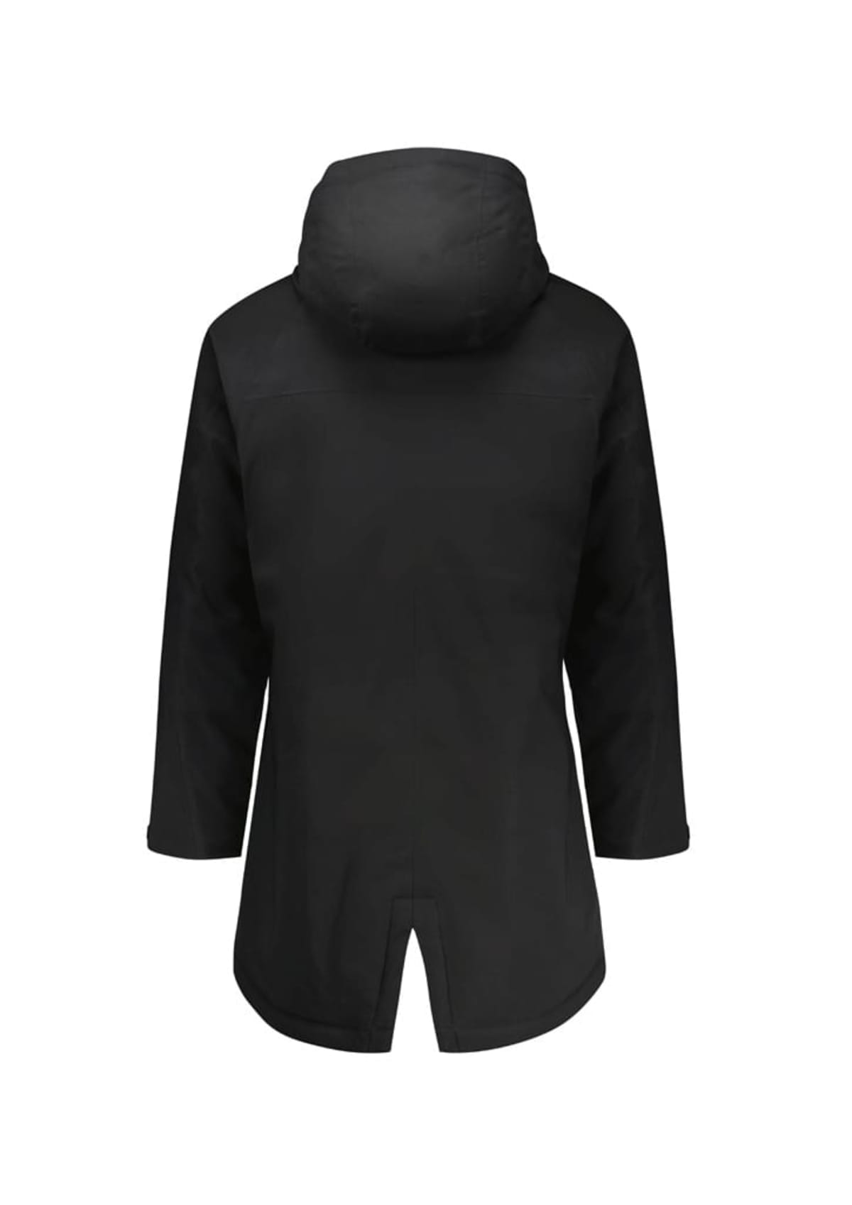 The image shows the back view of a black hooded winter coat with long sleeves. The coat features a visible seam down the center and a small slit at the bottom.