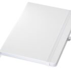 A closed white notebook with an elastic band and a ribbon bookmark. The cover looks textured, and a pen holder is visible on the side. The notebook is slightly angled against a plain white background.