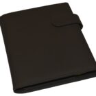 A closed, dark leather binder with a clasp, shown against a plain white background.