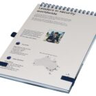 Spiral-bound brochure featuring Leaders in security worldwide text on the cover. It includes business information for locations in Australia and New Zealand, with office addresses and contacts. A map highlights service centers.