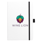 A closed white notebook with a black elastic band and pen holder. The cover features a colorful logo of a lions face combined with a grape, above the text WINE LION.