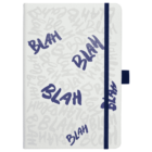 White notebook cover with the word BLAH written multiple times in varying sizes and angles. Letters are in purple and gray. A blue elastic strap is attached to the right side.