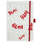 A white notebook with scattered BLAH texts printed in red and gray. A red elastic band runs vertically along the right edge, with a red pen holder attached.
