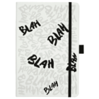 White notebook with black elastic strap. The cover is decorated with the word BLAH repeatedly printed in various sizes and angles in black and gray.