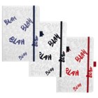 Three notebooks with Blah written repeatedly on the covers in different colors. One has blue, one black, and one red text. Each notebook has a matching colored elastic band and pen holder on the right side. The background is a solid light color.