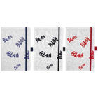 Three notebooks with white covers featuring the word BLAH repeatedly in different colors: blue, black, and red. Each notebook has a matching elastic band and pen loop on the spine. Background text is in a lighter shade.
