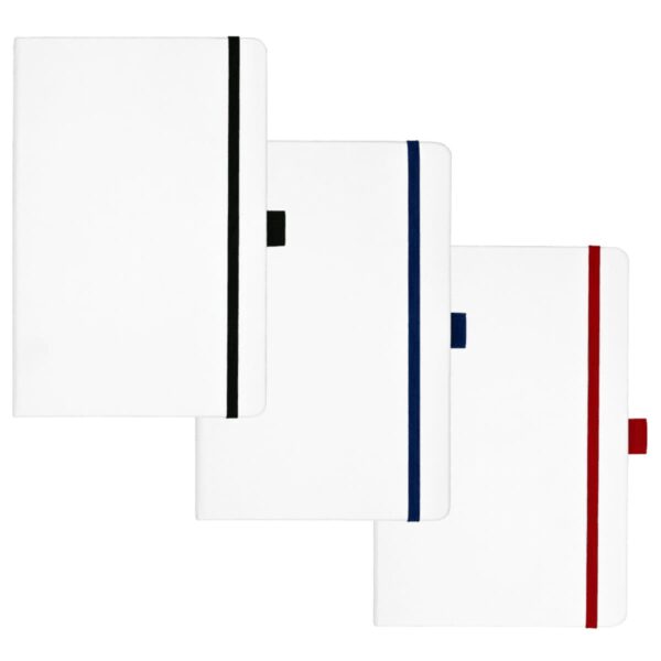 Three closed white notebooks are aligned vertically. Each has an elastic band in a different color: black, blue, and red. The bands run vertically along the right edge of the notebooks.