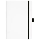A closed white notebook with a black elastic band wrapped vertically around it. The notebook has smooth edges, and a pen loop is attached to the side.
