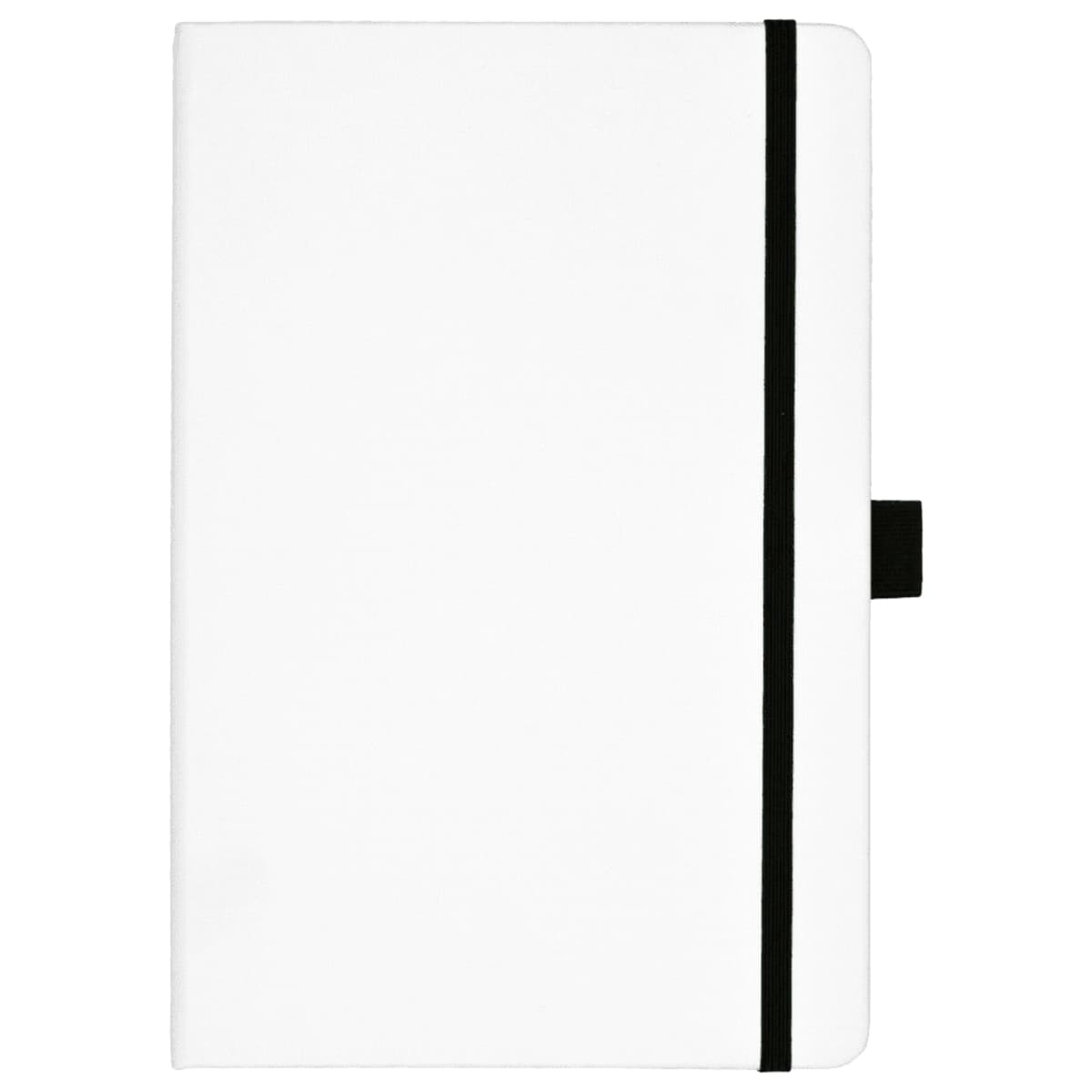 A closed white notebook with a black elastic band wrapped vertically around it. The notebook has smooth edges, and a pen loop is attached to the side.