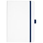 A closed white notebook with a navy blue elastic band along the right edge and a matching pen holder on the side. The cover has a smooth texture.