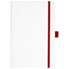 A white notebook with a red elastic band closure. The notebook has a matching red bookmark tab on the side. The cover is plain and minimalistic.
