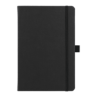 Black hardcover notebook with an elastic strap closure and a pen loop on the right side.