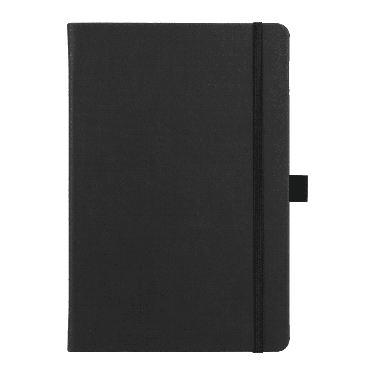 Black hardcover notebook with an elastic strap closure and a pen loop on the right side.