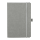 Gray notebook with a textured cover and a vertical elastic band closure on the front. A small loop is attached to the right side, presumably for holding a pen. The notebook is closed and the binding is visible on the left.
