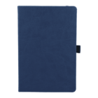 A plain navy blue notebook with a smooth cover and rounded corners, featuring a small black pen loop on the right side. The notebook is standing upright against a plain white background.