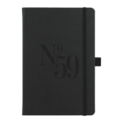 Black notebook with a sleek cover design featuring No 59 in large, stylish font. It has an elastic band closure and a pen holder on the right side.
