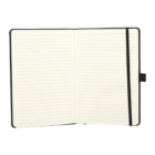 An open, lined notebook with a black cover. The pages are blank, showing evenly spaced horizontal lines. An elastic strap is attached to the right side, along with a pen loop.