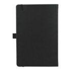 A black leather-bound notebook with a rectangular shape, elastic closure band, and pen holder on the side. The notebook is viewed from above, showcasing its smooth cover and minimalist design.