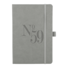 A grey notebook with a textured cover featuring the embossed text No 59. It has an elastic band for closure and a pen holder on the side.