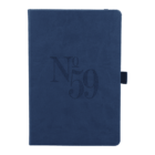 A dark blue notebook with the embossed text No 59 on the cover. The notebook has a fabric texture and a small loop on the right side for holding a pen.