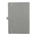 A closed, gray hardcover notebook with an elastic strap and loop on the side.