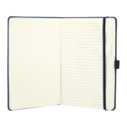 Open notebook with a blank left page and lined right page. A black elastic strap is attached to the cover.