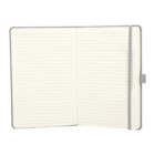 Open notebook with lined pages and a light gray cover. A gray elastic band stretches vertically along the right side, and a pen holder is attached to the right edge. The notebook is empty, ready for writing.