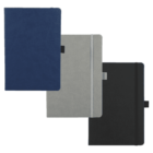 Three closed notebooks are displayed overlapping each other. The notebooks have different colored covers: one is blue, one gray, and one black. Each features a black elastic band closure on the side.