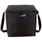 A black insulated cooler bag with a shoulder strap and a zippered top. It has a small front pocket with a blue card partially visible. The sides feature mesh pockets for additional storage.