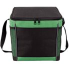 A black and green insulated cooler bag with a zipper top, side mesh pockets, and an adjustable shoulder strap. The main body is black with green accents on the top section and sides.