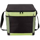 A square-shaped cooler bag with a black top and sides, featuring green mesh pockets on the sides. It has black zippers and an adjustable shoulder strap. The front section is also black.
