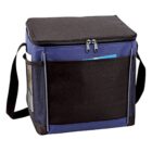 A square-shaped, insulated cooler bag with a black top and front pocket, navy blue sides, and black mesh side pockets. It has a black adjustable shoulder strap and a zipper closure on top.