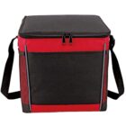 A square-shaped insulated cooler bag with a black zippered top, black front, and red sides. It features a black shoulder strap and red mesh pockets on the sides.