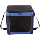 A blue and black insulated cooler bag with a zippered top, mesh side pockets, and an adjustable shoulder strap.