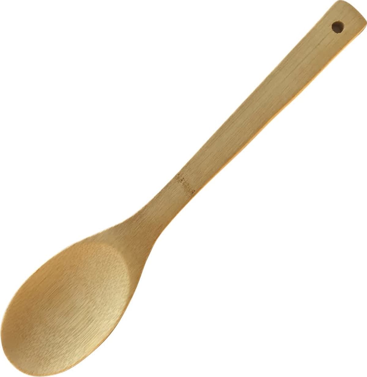 A wooden spoon with a smooth, rounded bowl and a flat handle with a small hole at the end. The wood grain is visible, giving it a natural appearance.