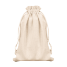 A beige drawstring pouch made of fabric with a simple, elegant design. The pouch is gathered at the top with two drawstrings on each side for closure.