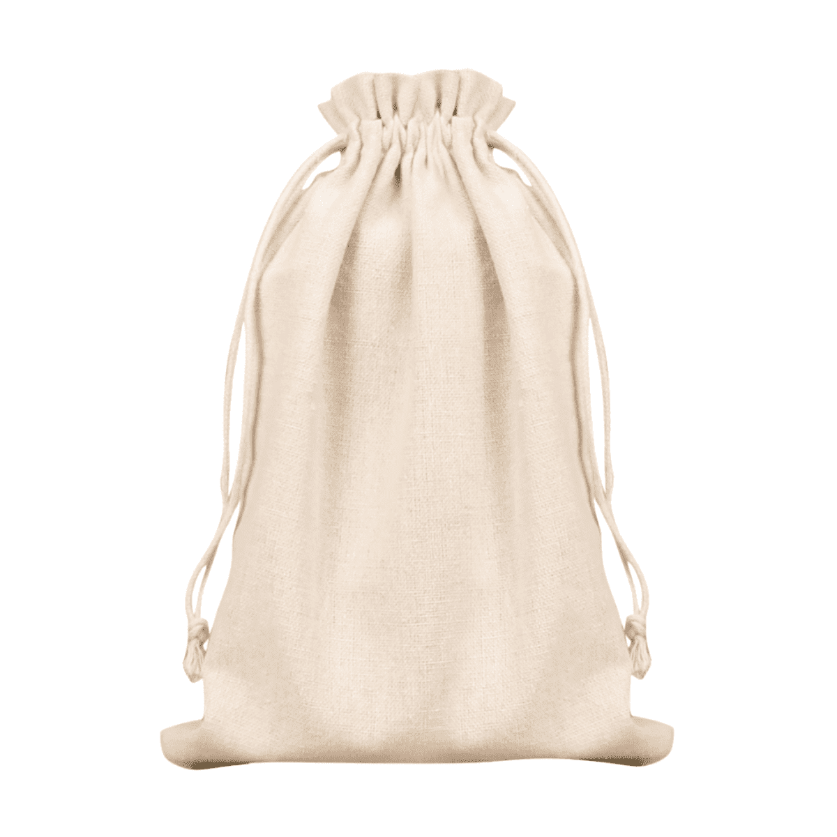 A beige drawstring pouch made of fabric with a simple, elegant design. The pouch is gathered at the top with two drawstrings on each side for closure.