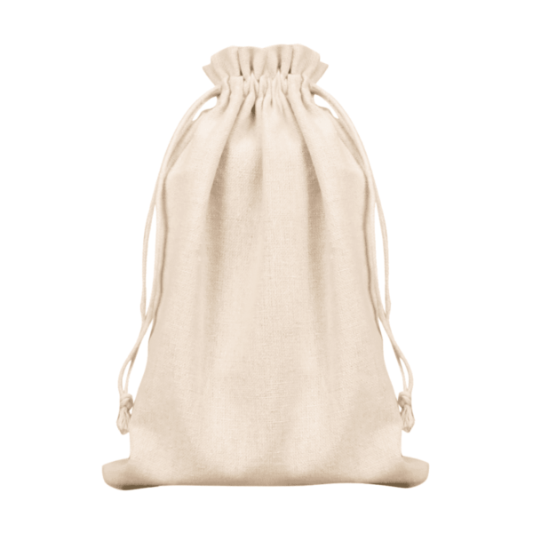 A beige drawstring pouch made of fabric with gathered top. The pouch is positioned upright, with strings visible on both sides, set against a plain white background.