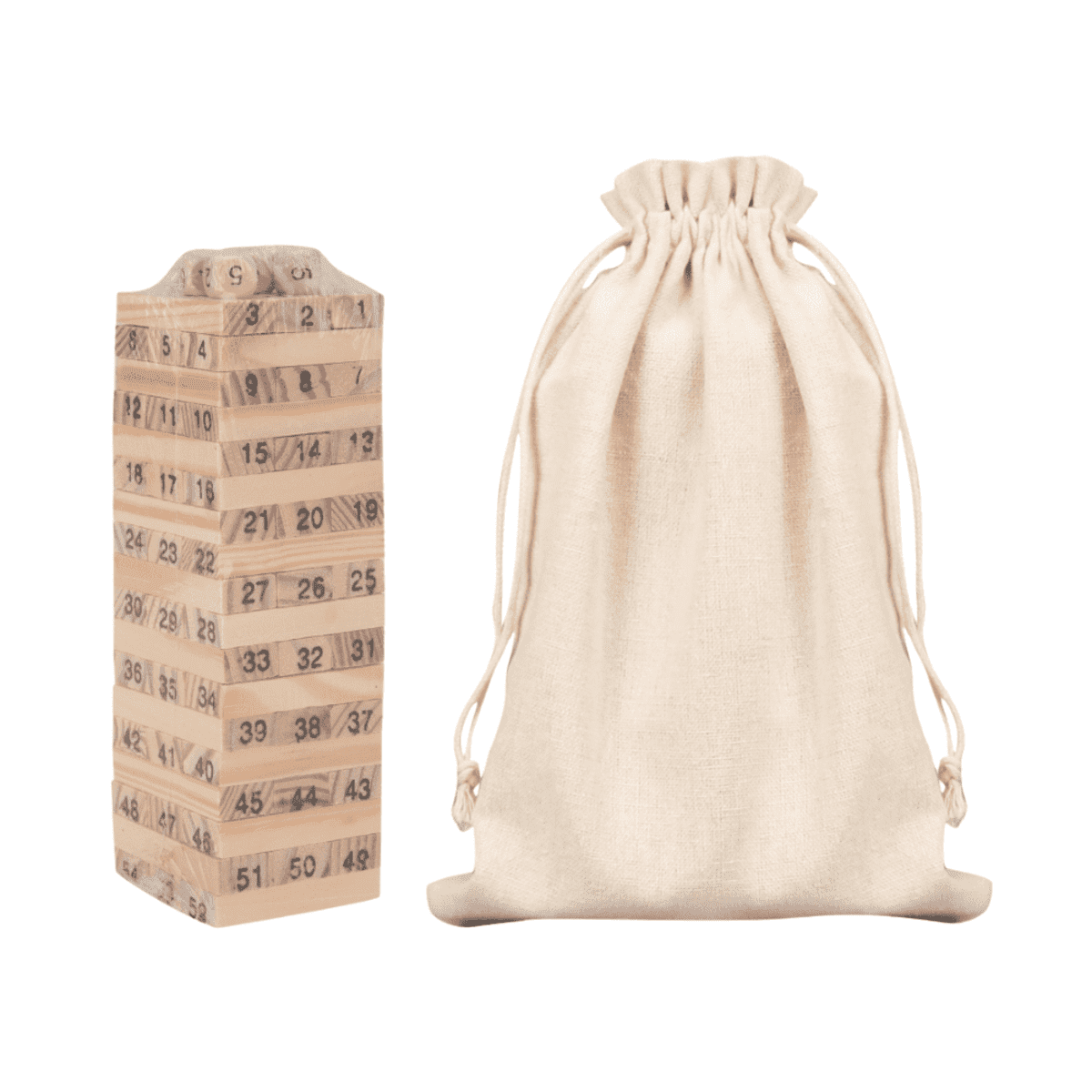 Stack of numbered wooden blocks arranged in a tower on the left, next to a drawstring beige fabric bag on the right.
