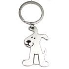 Silver keychain with a cute cartoon dog charm featuring a smiling face.
